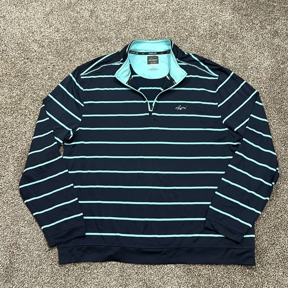 Greg Norman Tasso Elba navy and teal pullover 1/4 zip warm up golf shirt large